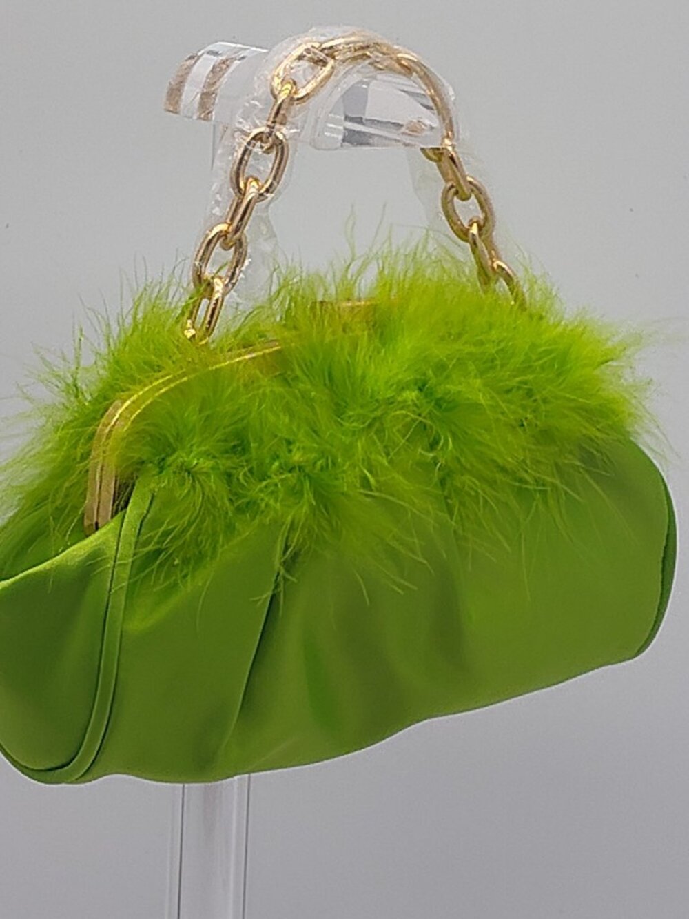 Neon Verdant After-Dark Glam Feather Satin Evening Bag Gold Chain by Hello 3am